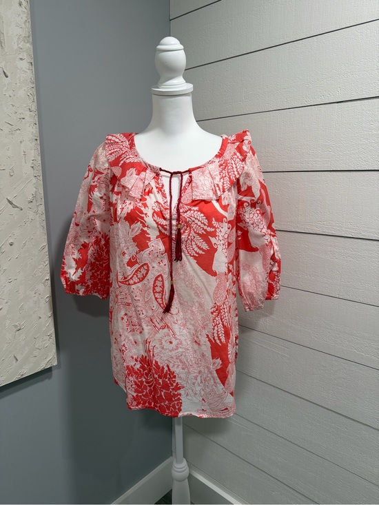 Etcetera Tops - Etcetera Coral and White Floral Tie-Front Tunic